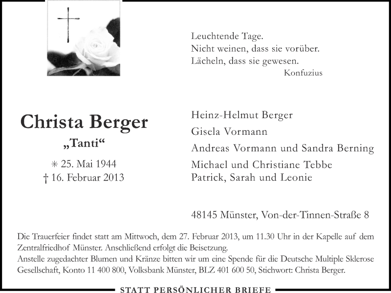  Traueranzeige für Christa Berger vom 22.02.2013 aus Münstersche Zeitung und Grevener Zeitung