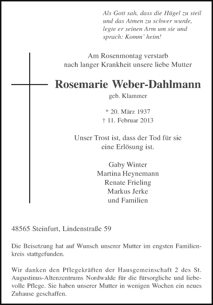  Traueranzeige für Rosemarie Weber-Dahlmann vom 23.02.2013 aus Münstersche Zeitung und Grevener Zeitung