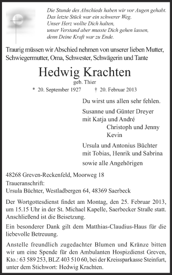 Anzeige von Hedwig Krachten von Münstersche Zeitung und Grevener Zeitung