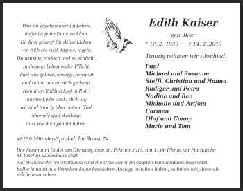Anzeige von Edith Kaiser von Münstersche Zeitung und Grevener Zeitung