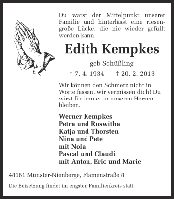 Anzeige von Edith Kempkes von Münstersche Zeitung und Grevener Zeitung