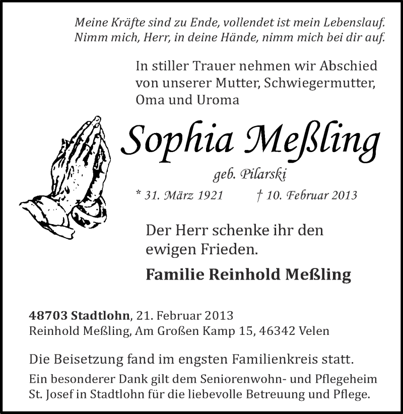  Traueranzeige für Sophia Meßling vom 23.02.2013 aus Münstersche Zeitung und Münsterland Zeitung