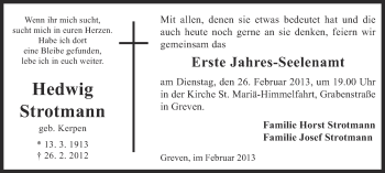 Anzeige von Hedwig Strotmann von Münstersche Zeitung und Grevener Zeitung