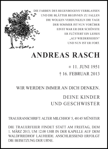 Anzeige von Andreas Rasch von Münstersche Zeitung und Grevener Zeitung