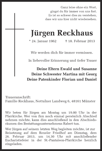 Anzeige von Jürgen Reckhaus von Münstersche Zeitung und Grevener Zeitung
