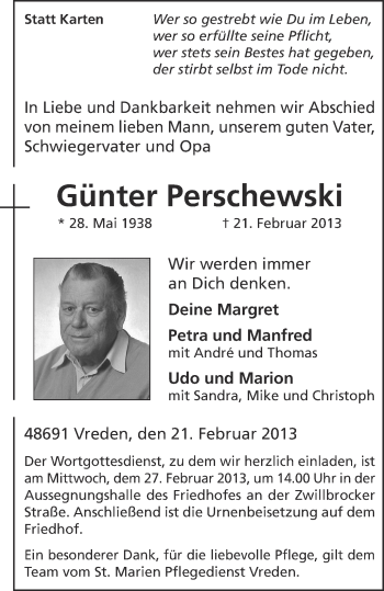 Anzeige von Günter Perschewski von Münstersche Zeitung und Münsterland Zeitung