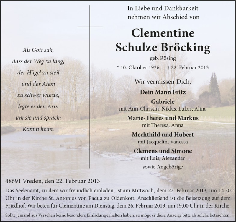  Traueranzeige für Clementine Schulze Bröcking vom 23.02.2013 aus Münstersche Zeitung und Münsterland Zeitung