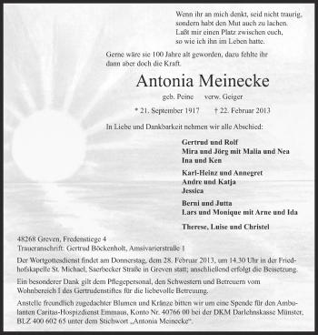 Anzeige von Antonia Meinecke von Münstersche Zeitung und Grevener Zeitung