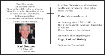 Anzeige von Karl Kemper von Münstersche Zeitung und Münsterland Zeitung