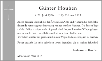 Anzeige von Günter Houben von Münstersche Zeitung und Grevener Zeitung