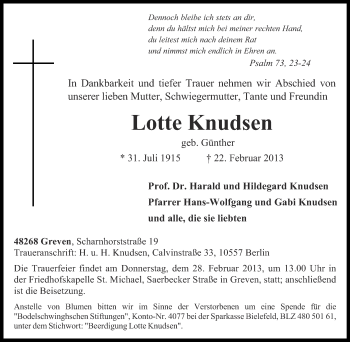 Anzeige von Lotte Knudsen von Münstersche Zeitung und Grevener Zeitung