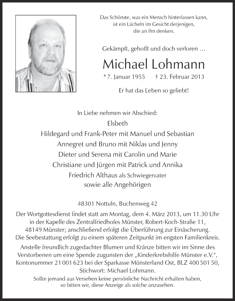  Traueranzeige für Michael Lohmann vom 27.02.2013 aus Münstersche Zeitung und Grevener Zeitung