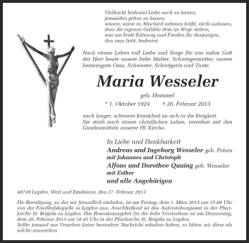 Anzeige von Maria Wesseler von Münstersche Zeitung und Münsterland Zeitung