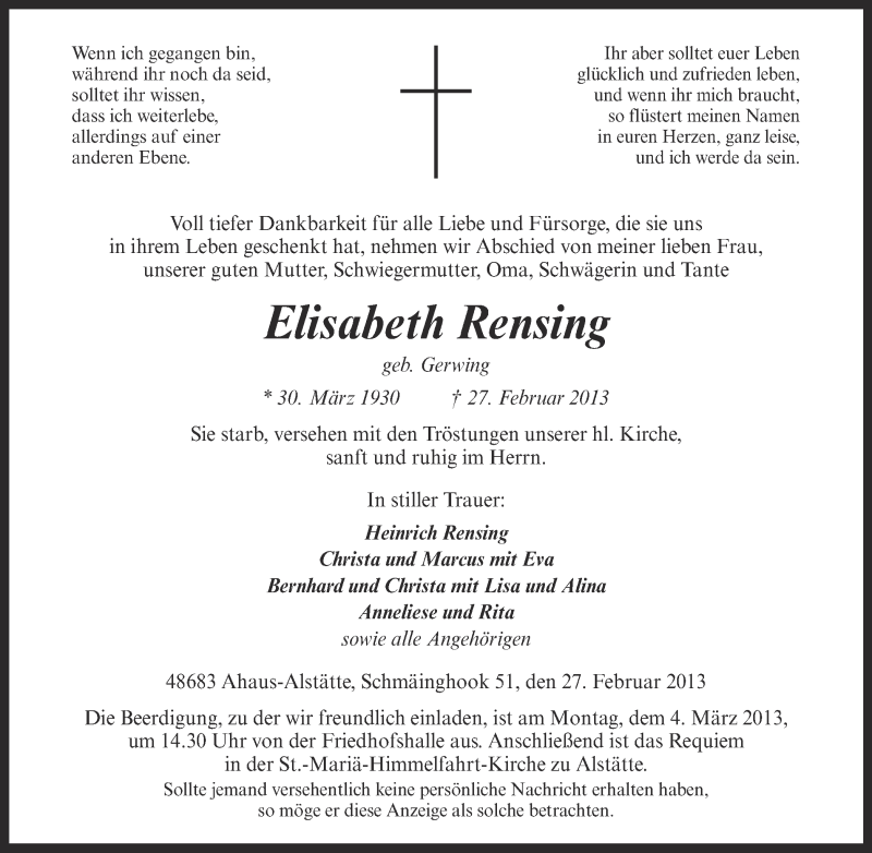  Traueranzeige für Elisabeth Rensing vom 01.03.2013 aus Münstersche Zeitung und Münsterland Zeitung