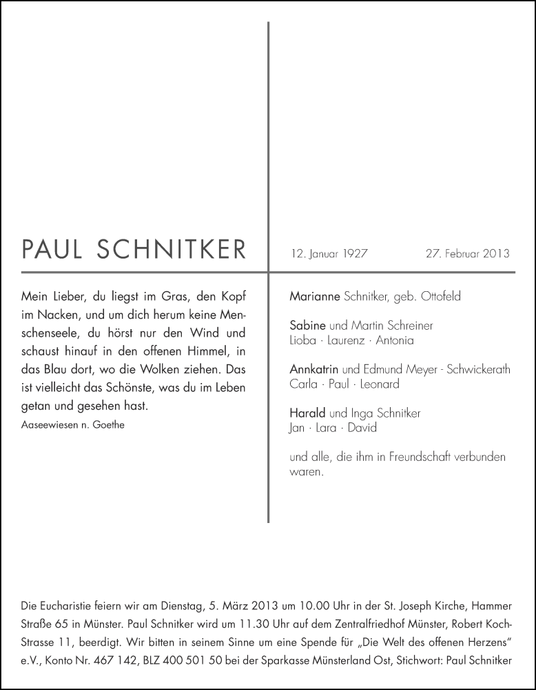  Traueranzeige für Paul Schnitker vom 01.03.2013 aus Münstersche Zeitung, Emsdettener Volkszeitung, Grevener Zeitung und Münsterland Zeitung