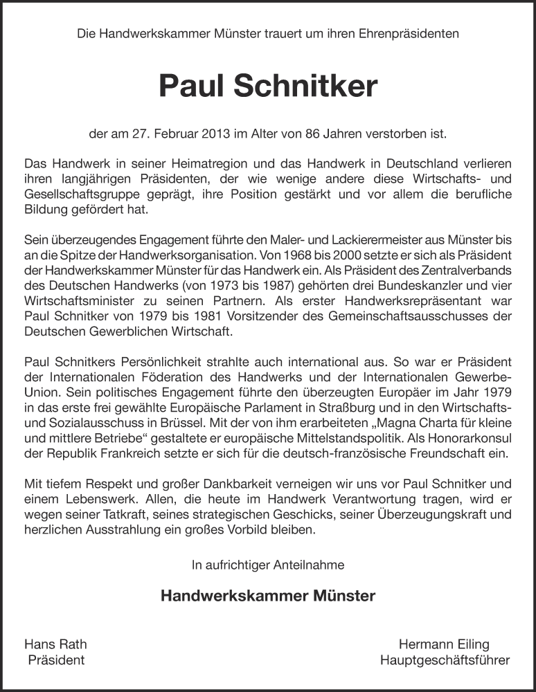  Traueranzeige für Paul Schnitker vom 01.03.2013 aus Münstersche Zeitung, Emsdettener Volkszeitung, Grevener Zeitung und Münsterland Zeitung