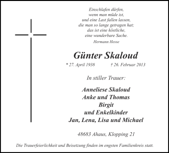 Anzeige von Günter Skaloud von Münstersche Zeitung und Münsterland Zeitung