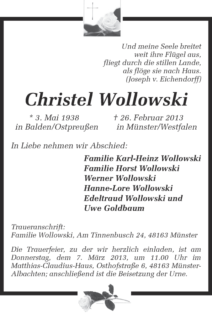  Traueranzeige für Christel Wollowski vom 02.03.2013 aus Münstersche Zeitung und Grevener Zeitung