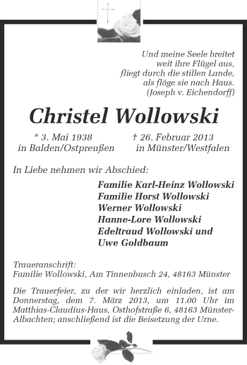 Anzeige von Christel Wollowski von Münstersche Zeitung und Grevener Zeitung