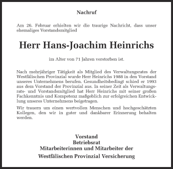 Anzeige von Hans-Joachim Heinrichs von Münstersche Zeitung und Grevener Zeitung