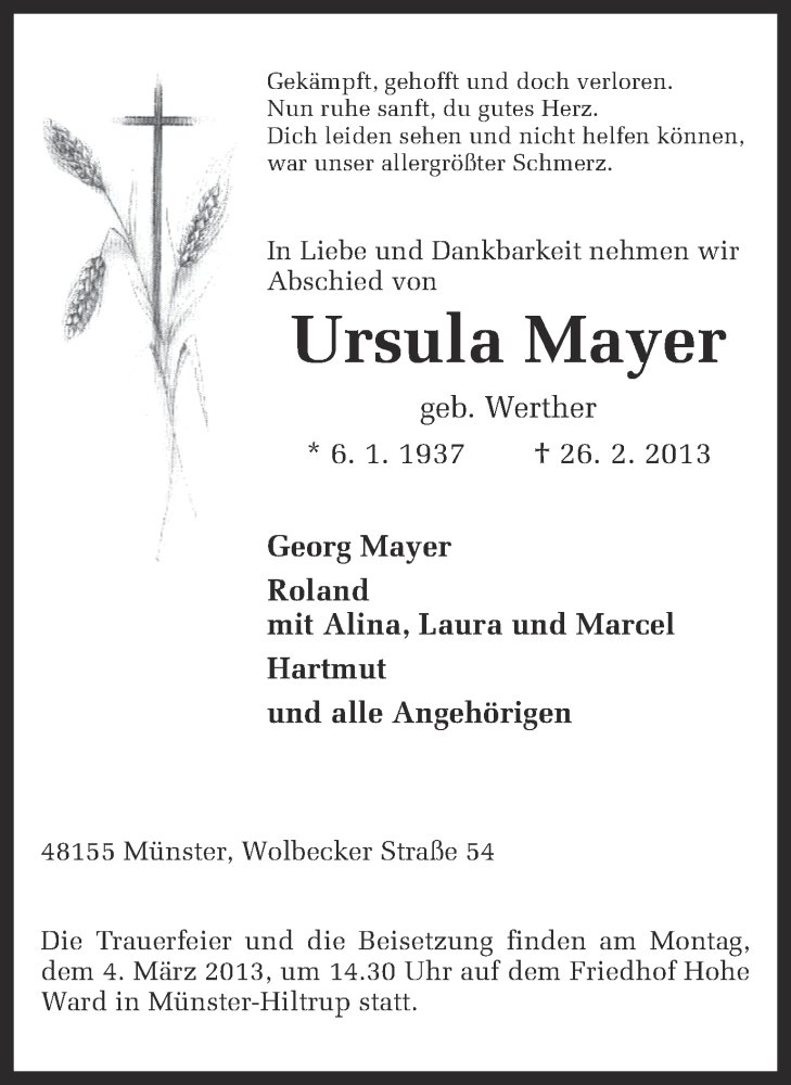  Traueranzeige für Ursula Mayer vom 02.03.2013 aus Münstersche Zeitung und Grevener Zeitung