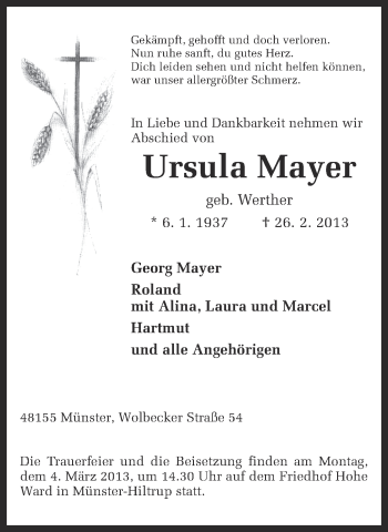 Anzeige von Ursula Mayer von Münstersche Zeitung und Grevener Zeitung