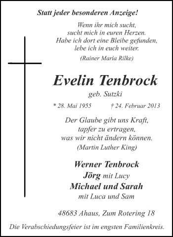 Anzeige von Evelin Tenbrock von Münstersche Zeitung und Münsterland Zeitung