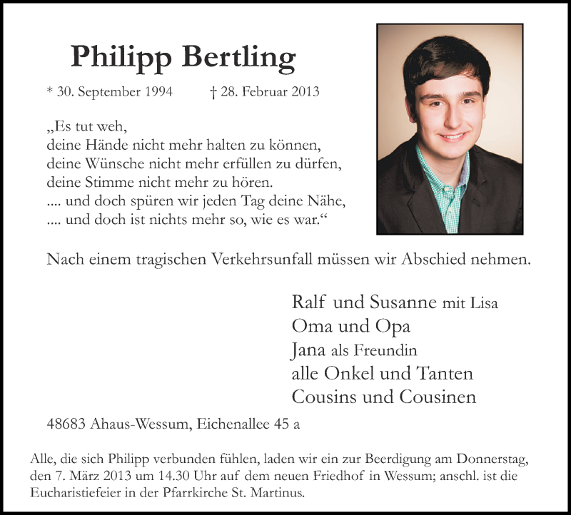  Traueranzeige für Philipp Bertling vom 04.03.2013 aus Münstersche Zeitung und Münsterland Zeitung