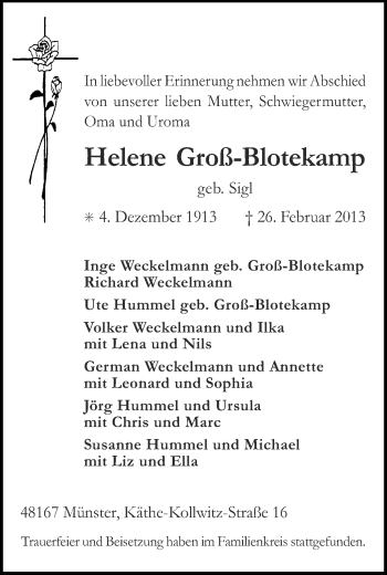 Anzeige von Helene Groß-Blotekamp von Münstersche Zeitung und Grevener Zeitung