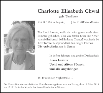 Anzeige von Charlotte Elisabeth Chwal von Münstersche Zeitung und Grevener Zeitung