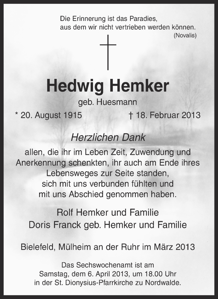  Traueranzeige für Hedwig Hemker vom 30.03.2013 aus Münstersche Zeitung und Grevener Zeitung