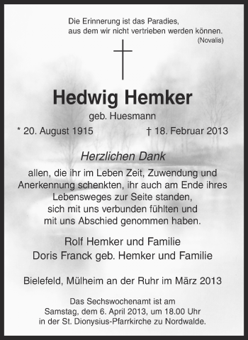 Anzeige von Hedwig Hemker von Münstersche Zeitung und Grevener Zeitung