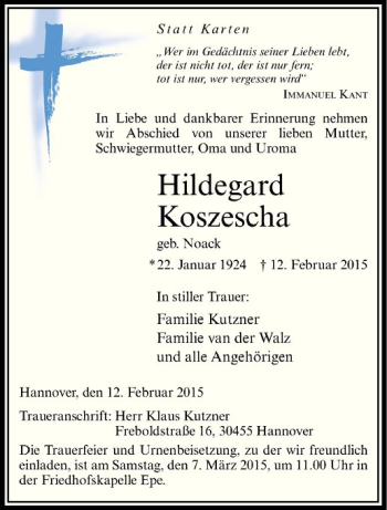 Anzeige von Hildegard Koszescha von Westfälische Nachrichten
