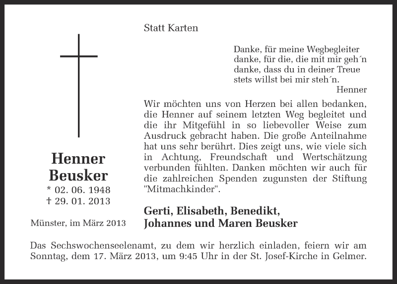  Traueranzeige für Henner Beusker vom 09.03.2013 aus Münstersche Zeitung und Grevener Zeitung