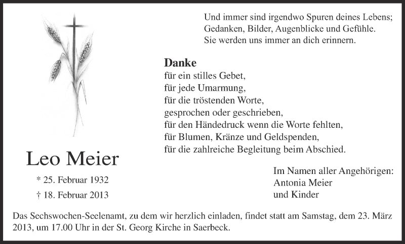  Traueranzeige für Leo Meier vom 16.03.2013 aus Münstersche Zeitung und Grevener Zeitung
