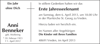 Anzeige von Anni Benneker von Münstersche Zeitung und Münsterland Zeitung