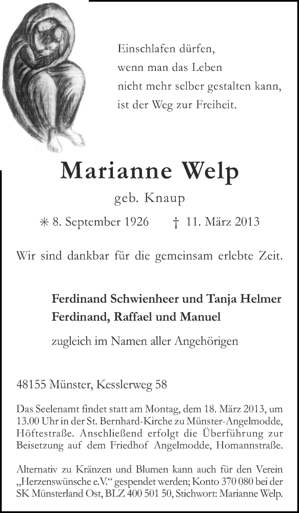 Traueranzeige für Marianne Welp vom 14.03.2013 aus Münstersche Zeitung und Grevener Zeitung