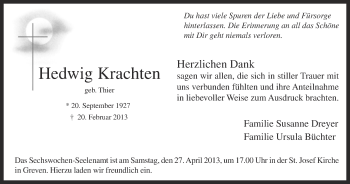 Anzeige von Hedwig Krachten von Münstersche Zeitung und Grevener Zeitung