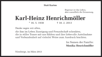 Anzeige von Karl-Heinz Henrichmöller von Münstersche Zeitung und Grevener Zeitung