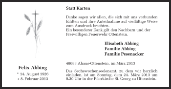 Anzeige von Felix Abbing von Münstersche Zeitung und Münsterland Zeitung