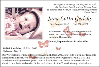 Anzeige von Sophia Meßling von Münstersche Zeitung und Münsterland Zeitung