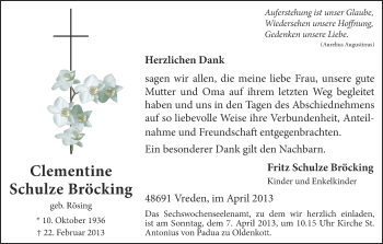 Anzeige von Clementine Schulze Bröcking von Münstersche Zeitung und Münsterland Zeitung
