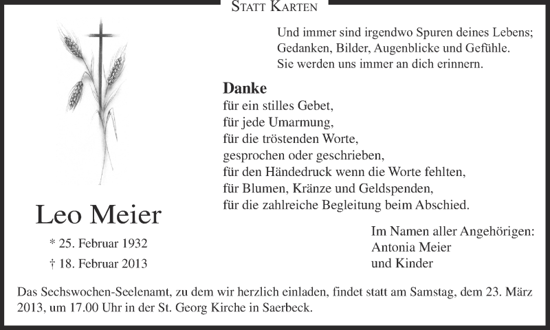  Traueranzeige für Leo Meier vom 21.03.2013 aus Münstersche Zeitung und Grevener Zeitung