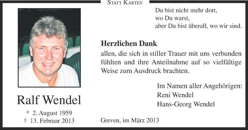  Traueranzeige für Ralf Wendel vom 23.03.2013 aus Münstersche Zeitung und Grevener Zeitung