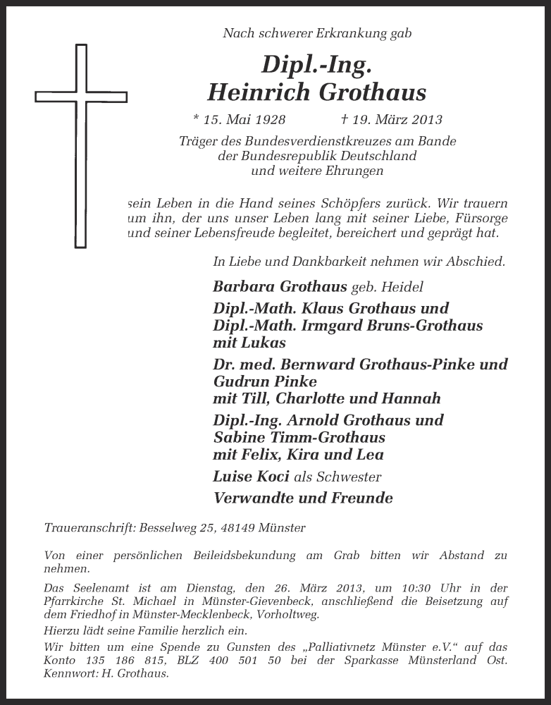  Traueranzeige für Heinrich Grothaus vom 23.03.2013 aus Münstersche Zeitung und Grevener Zeitung