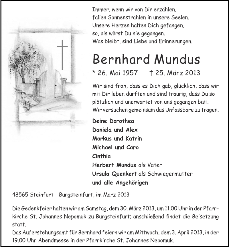  Traueranzeige für Bernhard Mundus vom 27.03.2013 aus 
