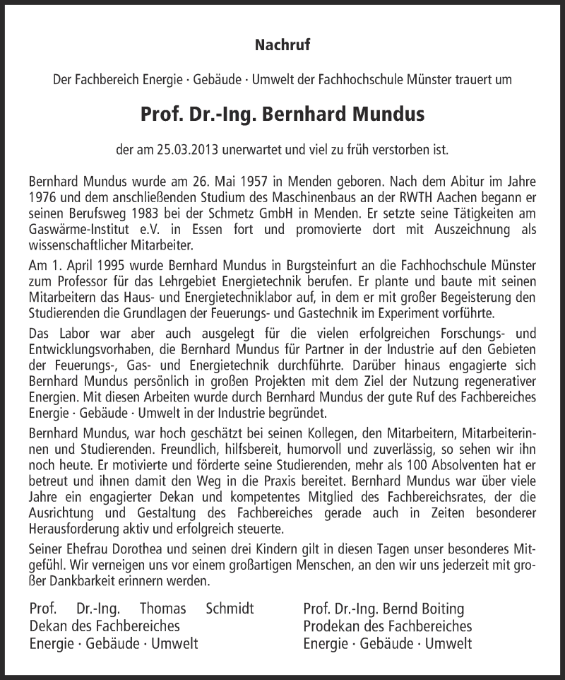  Traueranzeige für Bernhard Mundus vom 28.03.2013 aus Münstersche Zeitung, Emsdettener Volkszeitung, Grevener Zeitung und Münsterland Zeitung