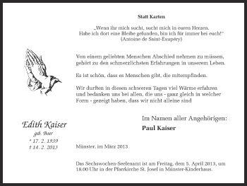 Anzeige von Edith Kaiser von Münstersche Zeitung und Grevener Zeitung