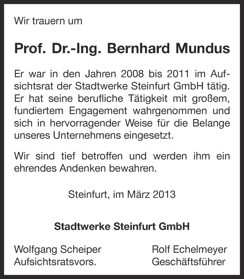  Traueranzeige für Bernhard Mundus vom 30.03.2013 aus Münstersche Zeitung und Grevener Zeitung