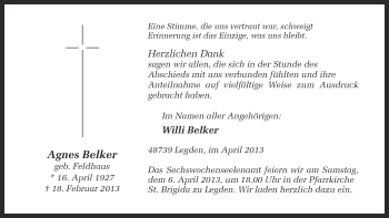 Anzeige von Agnes Belker von Münstersche Zeitung und Münsterland Zeitung